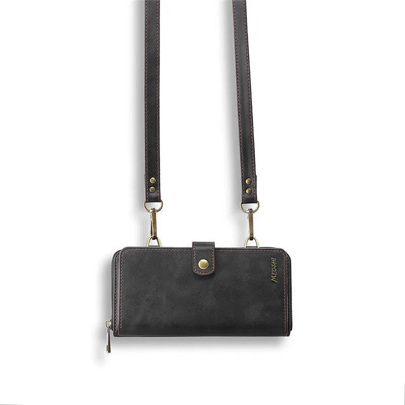 Detachable wallet phone case with magnetic leather flip cover shown in black blue brown red colours