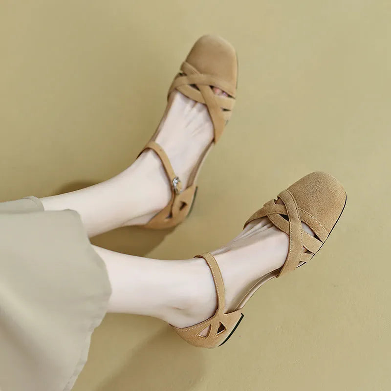 Apricot and green Roman sandals with buckle fastening and round toe design on rubber sole