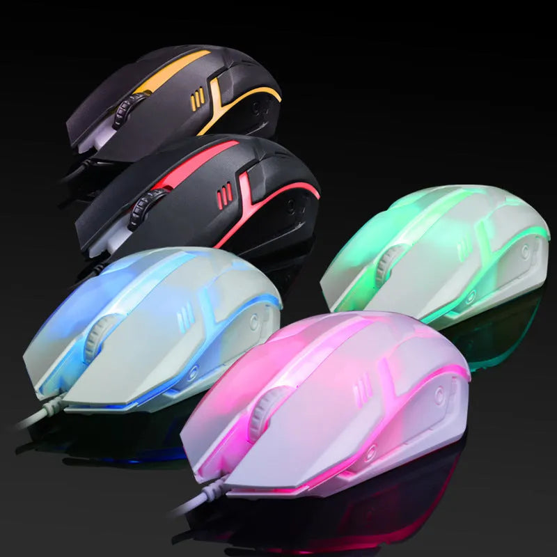 Wired USB computer mouse with colourful LED glow in black or white, showing 1.3m cable and three-button design