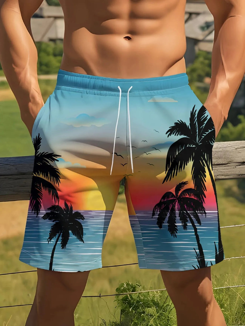 Man's blue 3D print micro-elastic swimming trunks on a white background