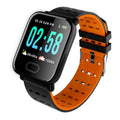 A6 smart bracelet with colour screen and silicone strap shown in black, blue, and orange colour options