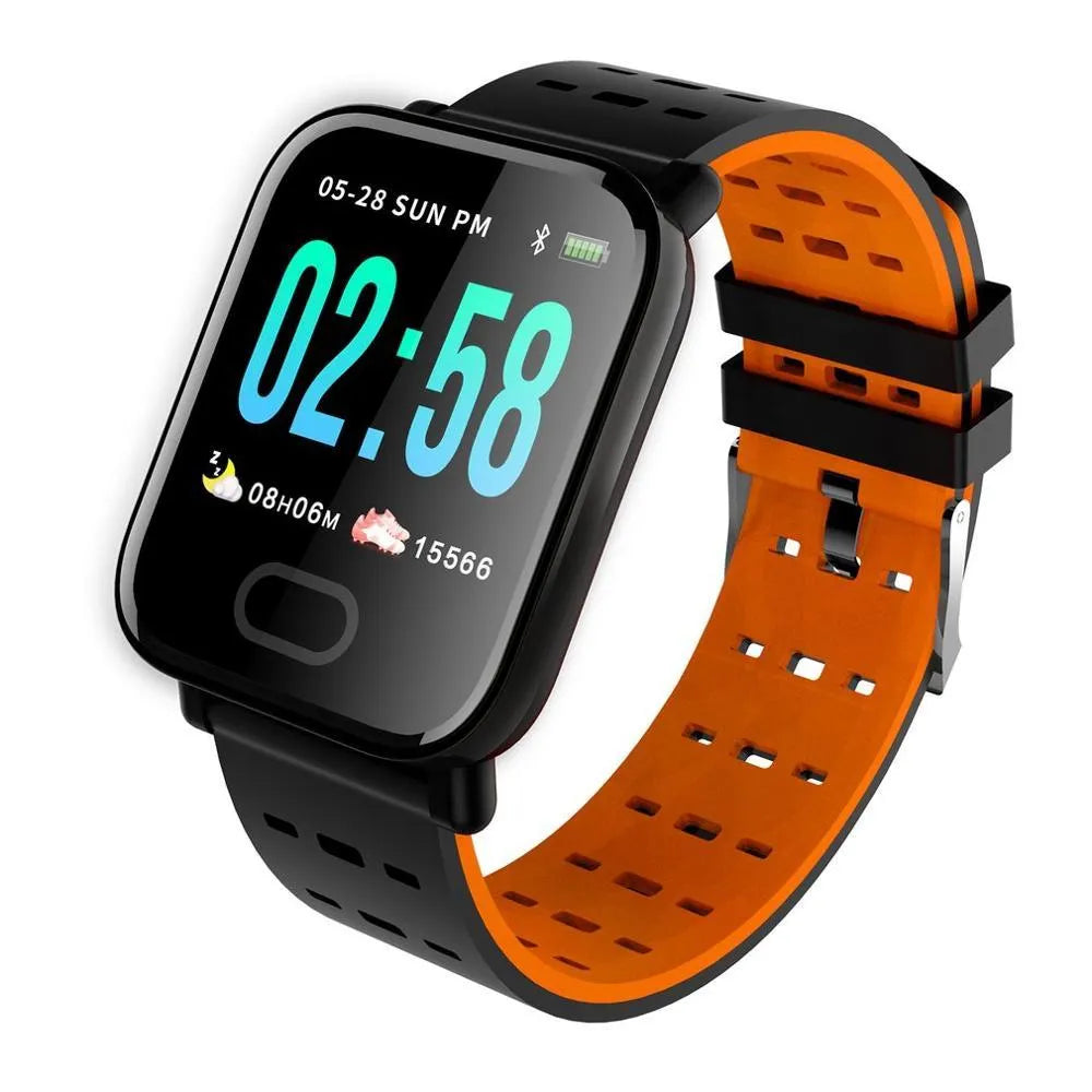 A6 smart bracelet with colour screen and silicone strap shown in black, blue, and orange colour options