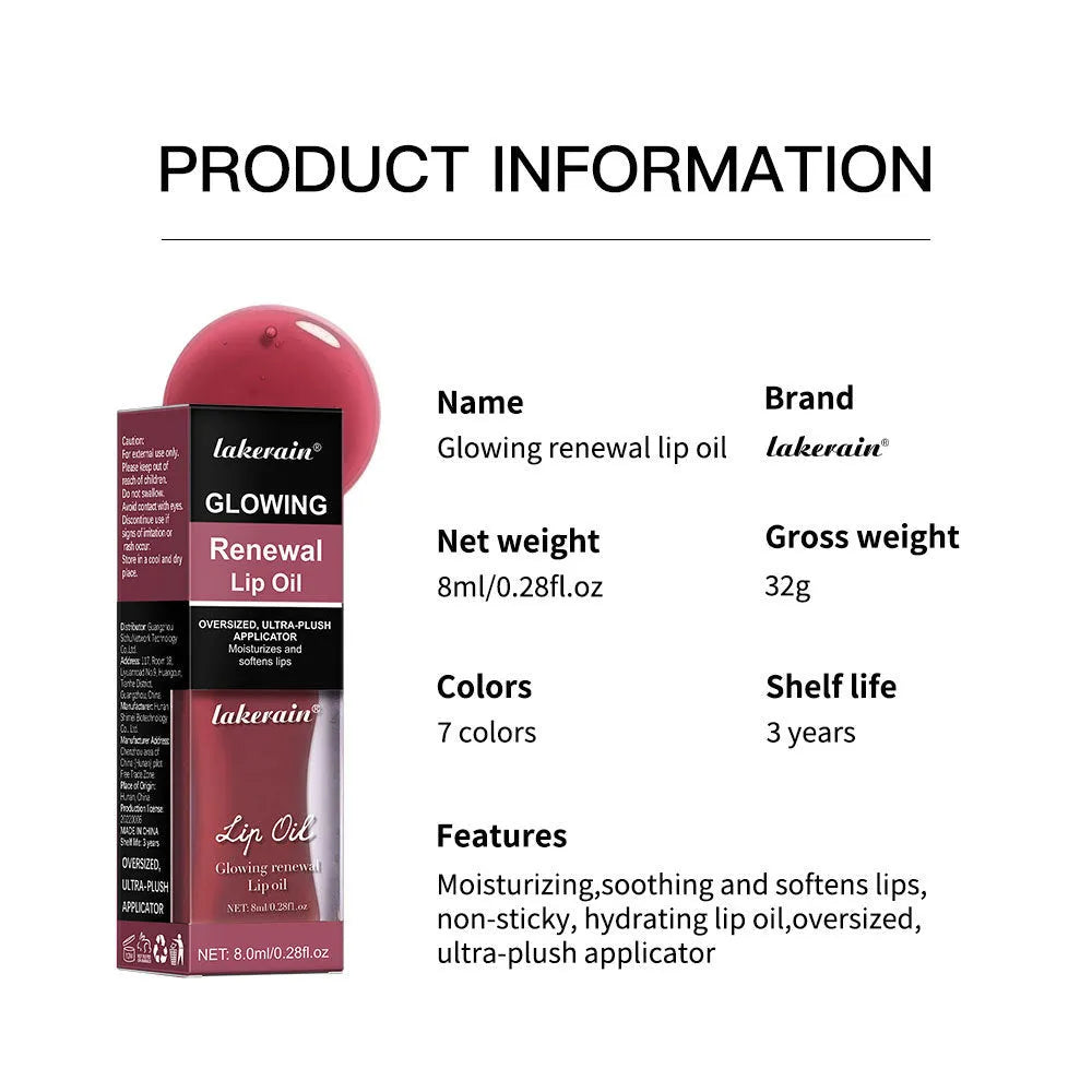 Glow Lip Gloss nourishing lip oil in 8ml bottle, shown in Coral, Clear, Honey, Jam, Pink, Red, and Rose colours.