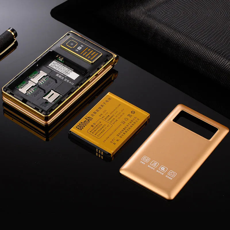 Dual screen flip phone with touch screen showing black, gold, and coffee colour options