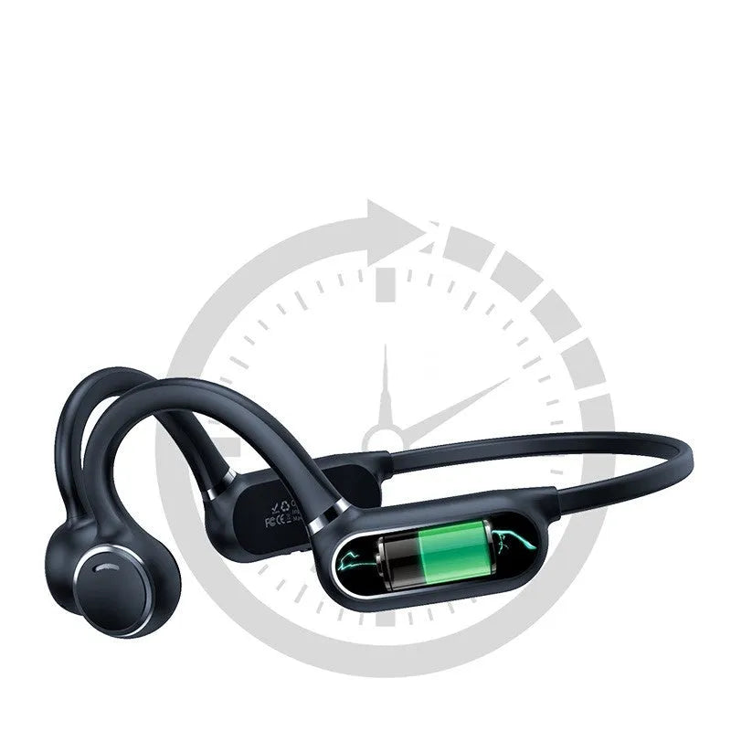 Black air conduction wireless Bluetooth earphones with an ergonomic ear hook and flexible titanium neckband.