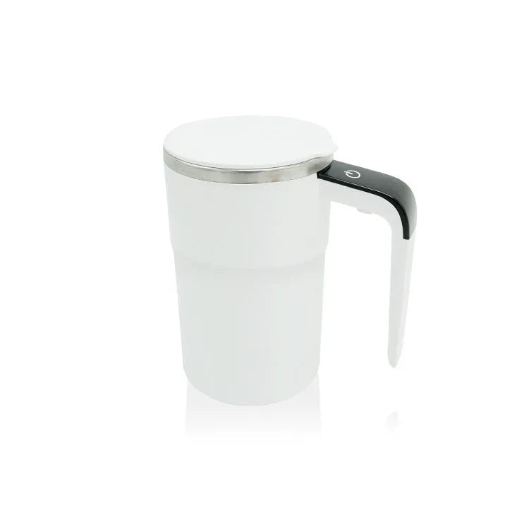 White electric automatic magnetic stirring mug with LCD temperature display on black base