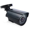 A black, waterproof 720P HD security camera with a fixed lens and infrared LEDs for night vision.