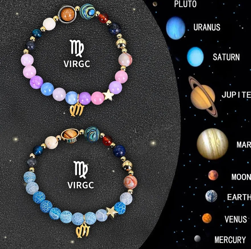 Two natural stone beaded bracelets showing all twelve zodiac signs on a set.