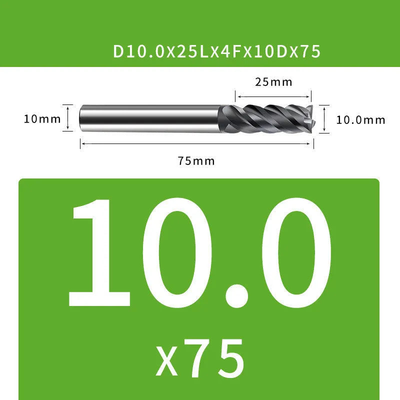 4-blade tungsten steel end mill showing cutting edges and diameter markings