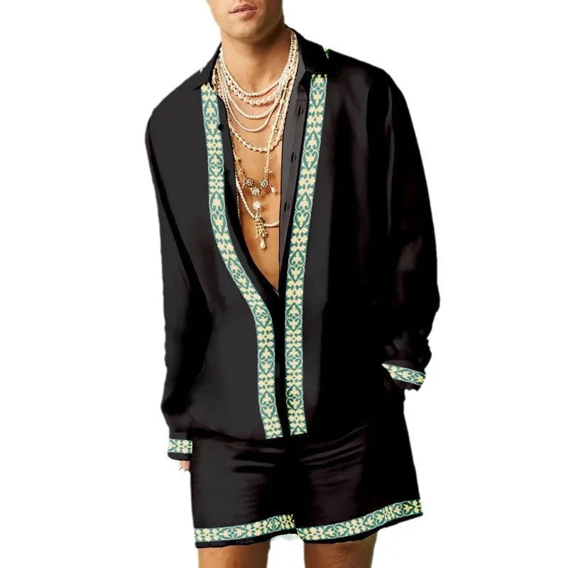 Men's casual summer two-piece set with long sleeve shirt and matching shorts in colour block pattern