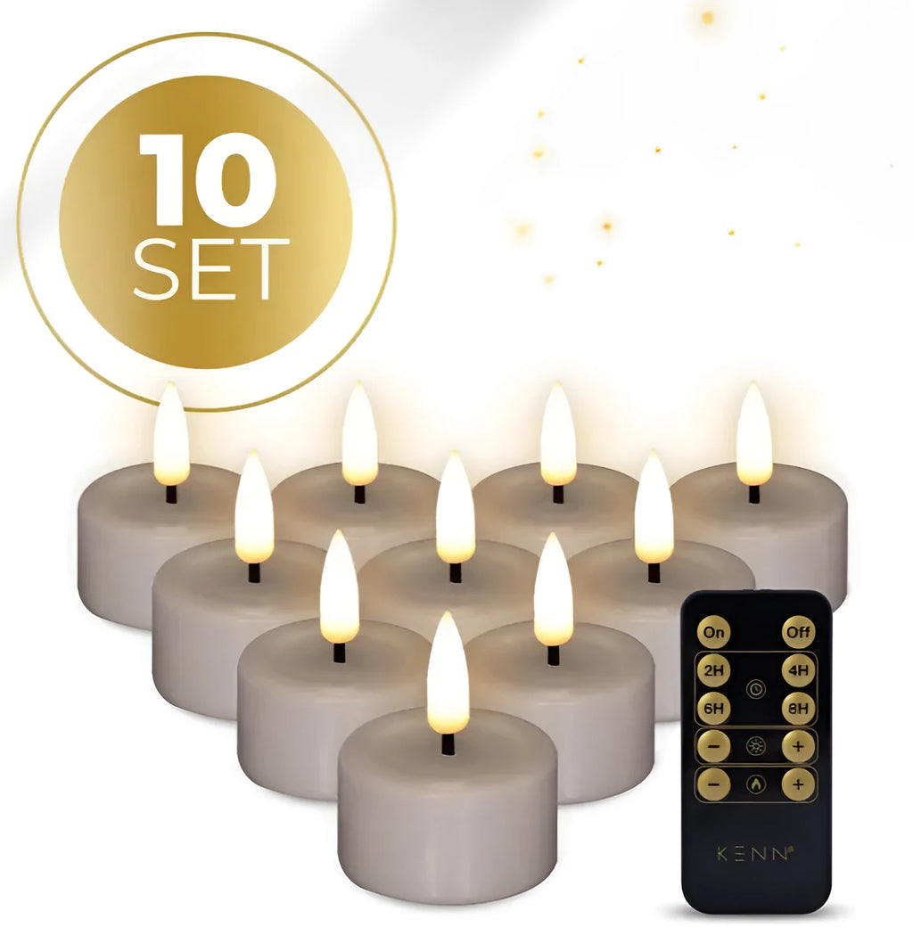 Taupe-coloured LED tealight candles with 3D flame effect, showing dimensions of 4.1cm diameter by 5cm height