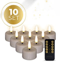 Taupe-coloured LED tealight candles with 3D flame effect, showing dimensions of 4.1cm diameter by 5cm height