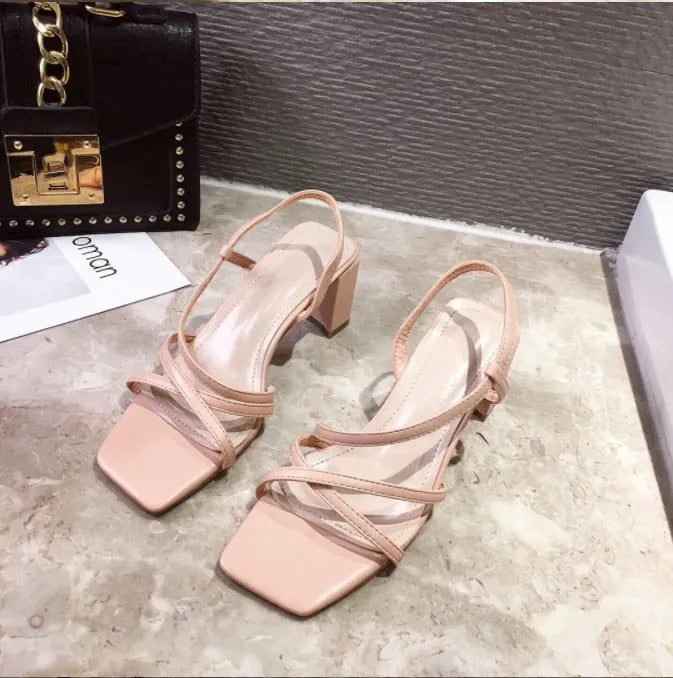 Women's thick heel sandals with super high heels in white, pink, and apricot colour options