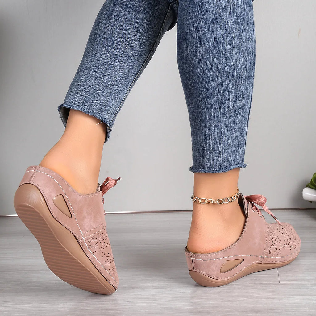 Women's baotou lace-up slippers with hollow out wedges in suede upper and rubber sole