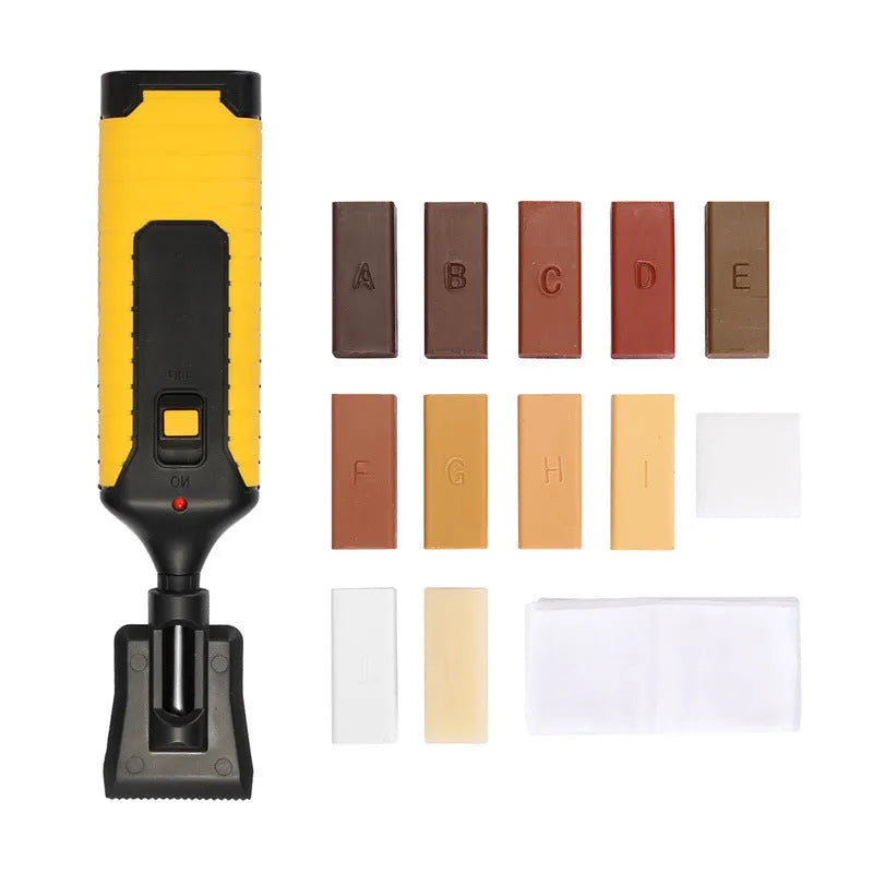 Floor repair tool set for DIY tile repair with red or yellow handles and wax components