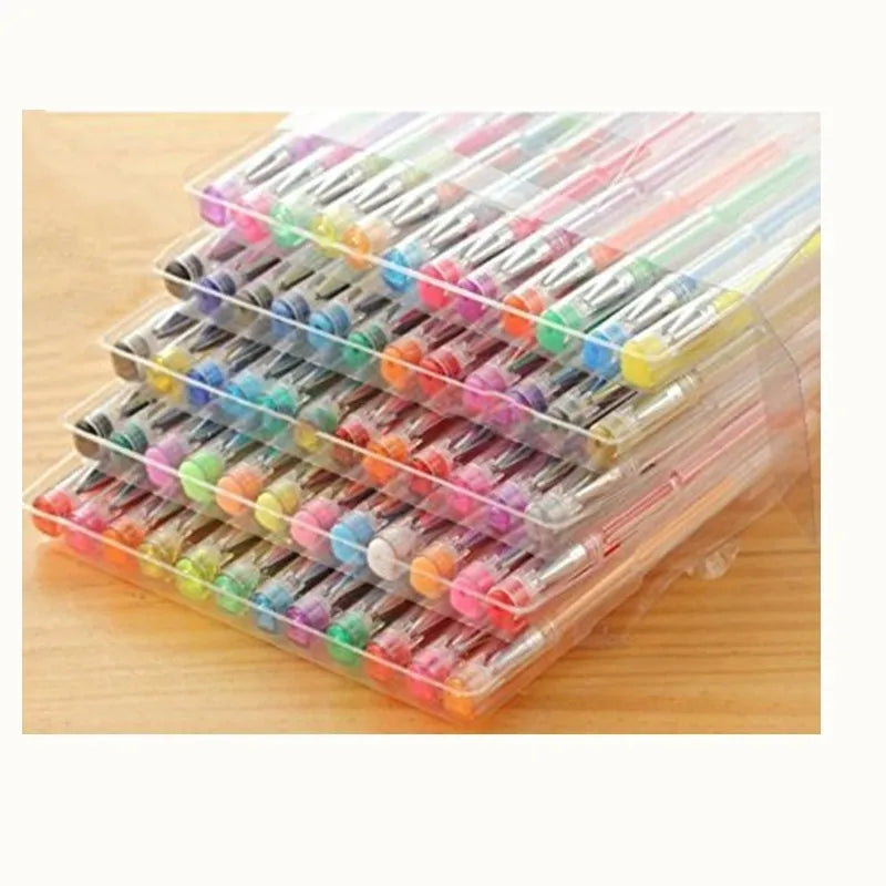 Set of 100 gel pens with watercolour effect, showing assorted colours and two tip sizes (0.5mm and 1mm) on a 15cm plastic body.