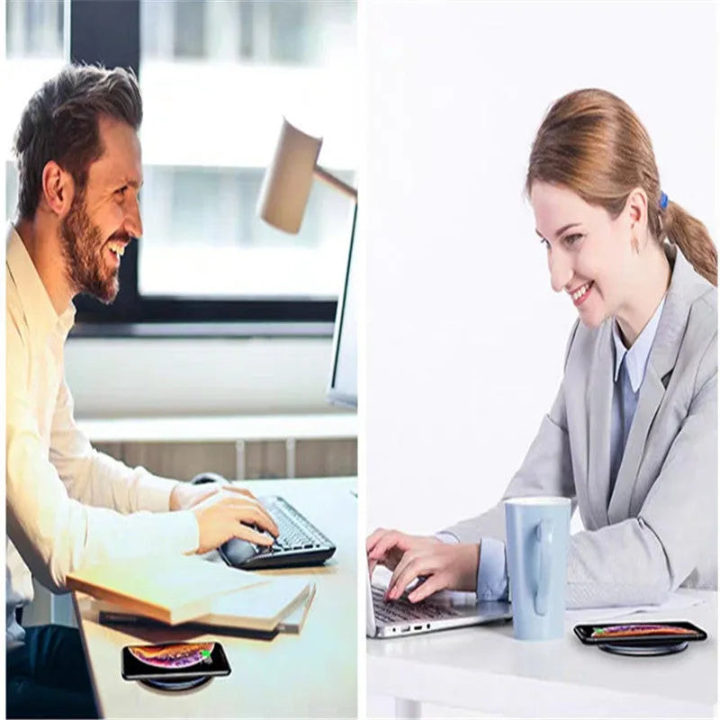 Black wireless charging pad with LED indicator light on aluminium alloy surface