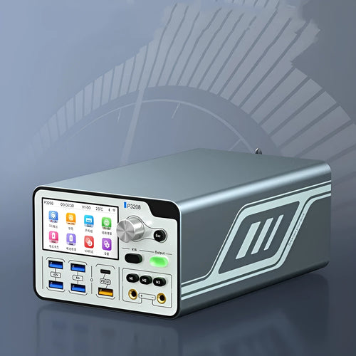 320W smart voltage regulator power meter on a workbench with display showing output readings.