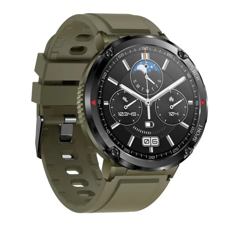T30 Smart Watch with black silicone strap showing 52mm IPS touch screen displaying time and heart rate.