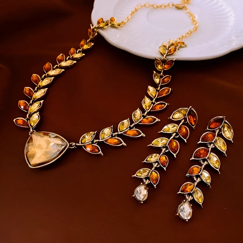 Flower shape alloy pendant necklace and earrings set in golden brown with green accents, 51-60cm adjustable chain, retro wheat design