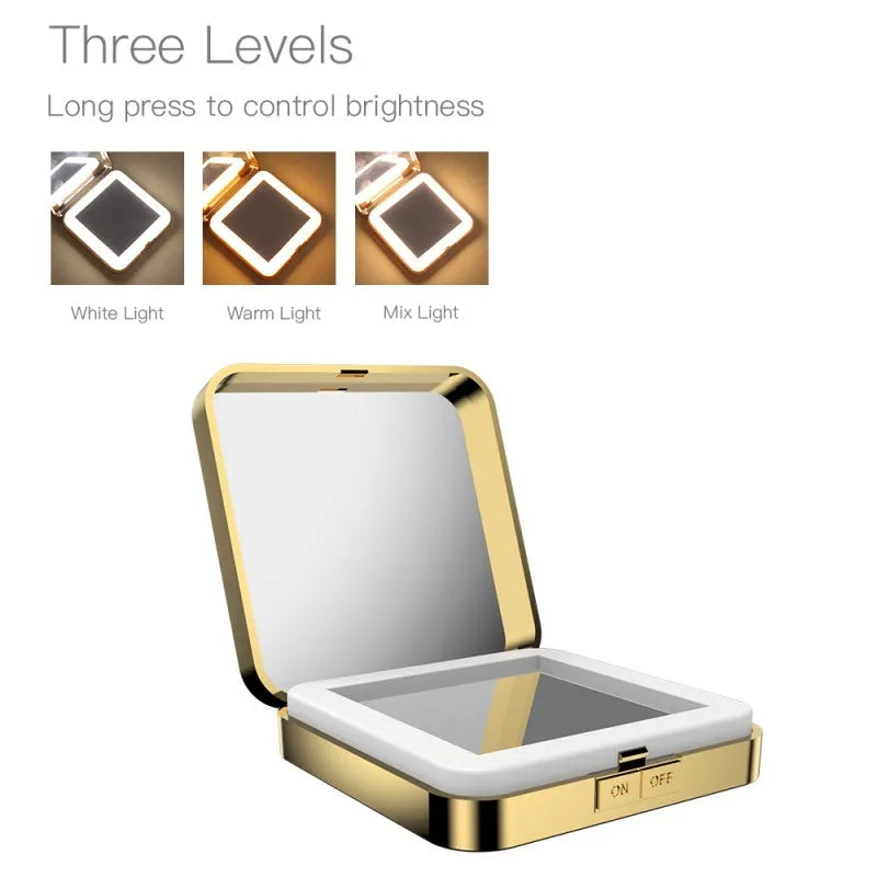 Black and white lighted makeup mirror with 4x magnification panel, HD mirror, and adjustable LED lights.