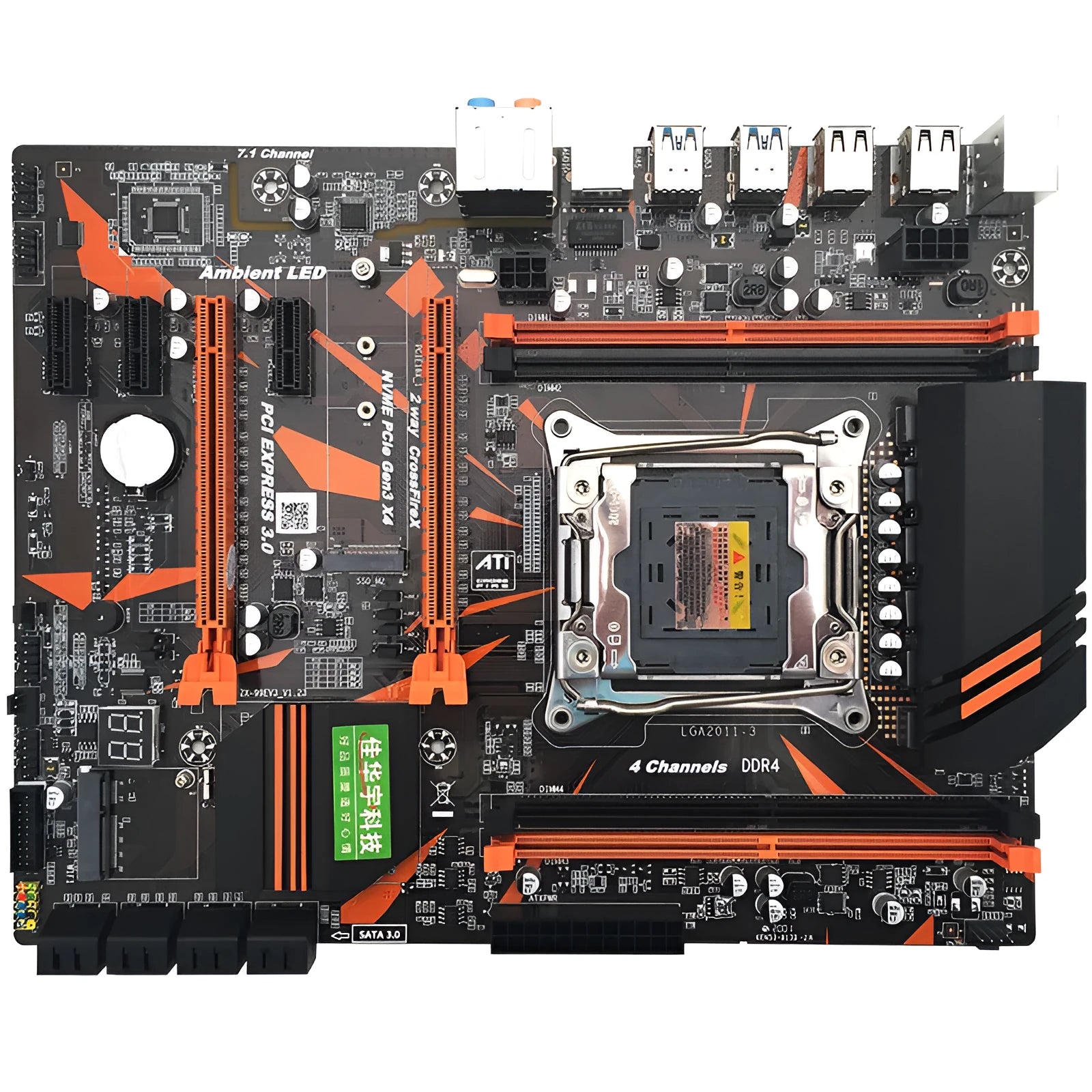 Black X99 computer motherboard with LGA2011-3 socket, four DDR4 slots, and dual PCI-E x16