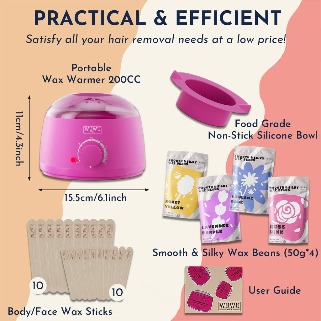 27-piece hair removal wax kit showing four colour wax beads, wax machine, face and body wax sticks