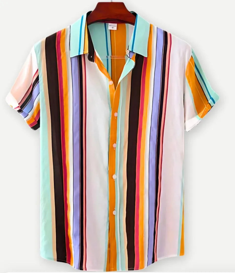 Floral print Hawaiian lapel short sleeve shirt on a hanger