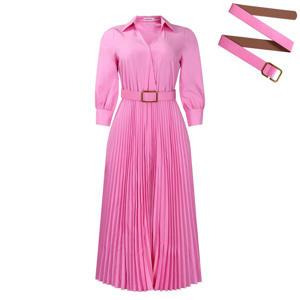 Women's polyester pleated dress with polo collar and 3/4 sleeves in mid-length cut with belt detailing
