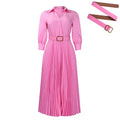 Women's polyester pleated dress with polo collar and 3/4 sleeves in mid-length cut with belt detailing