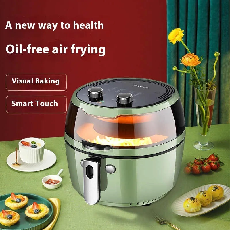 8-litre capacity air fryer oven with a visible window on the front and mechanical button controls