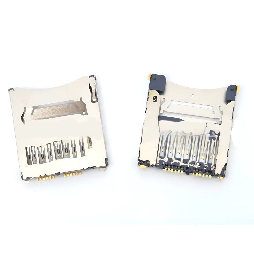 Alloy camera memory card slot replacement component showing high foot and low foot configurations
