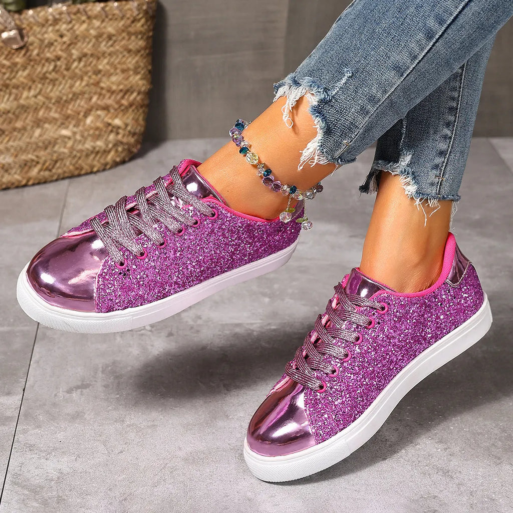 Women's plus size black sequined flat board shoes with front lace-up detail.