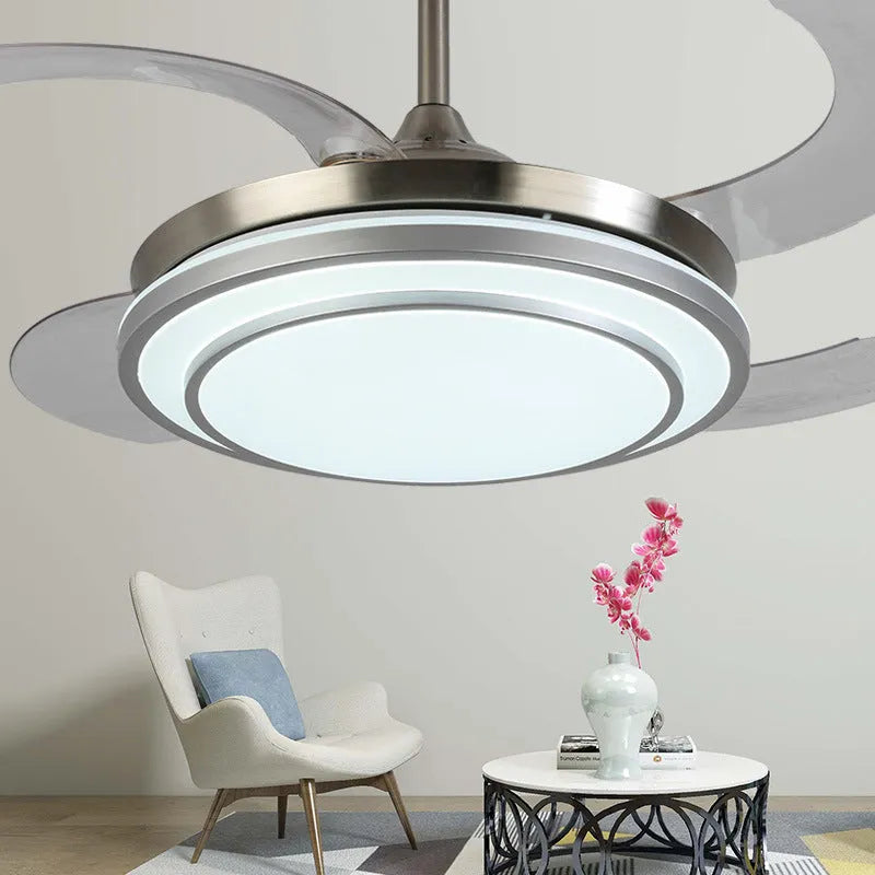 Gold 42 inch full spectrum LED fan chandelier with invisible ABS blades and acrylic shade for living room