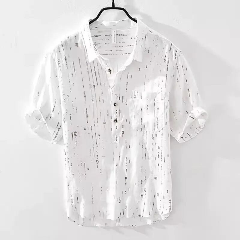 Men's loose fit short sleeve polo shirt in black, shown on a model.