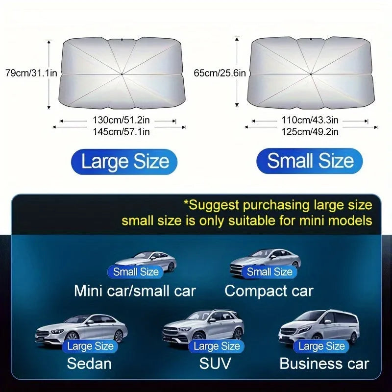 Foldable car windshield sunshade umbrella showing automatic folding mechanism and UV protection