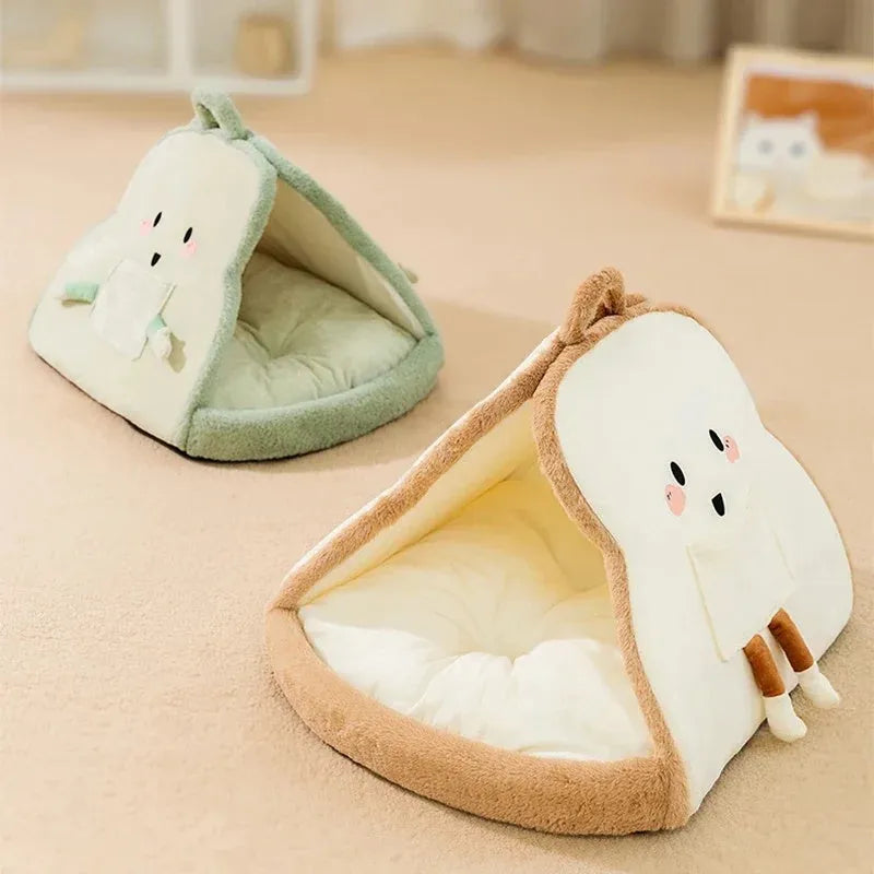 Green winter cat tent cave bed with plush blanket inside, shown in size L.