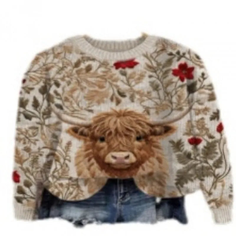 Women's little flower digital print round neck long sleeve sweater in a blue colour variant.