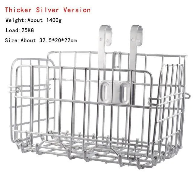 Folding steel bicycle basket in silver, 32.5 cm long, for mountain and road bikes