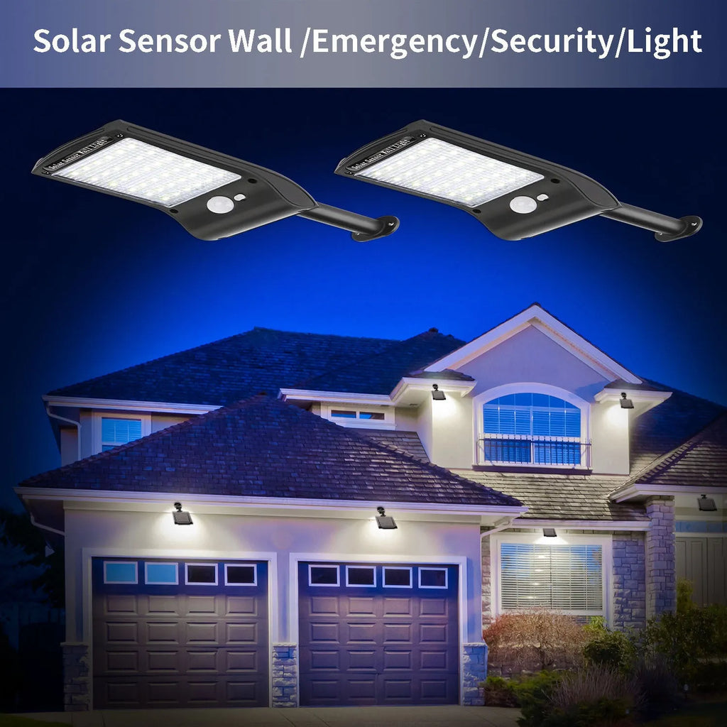 Black 36 LED solar-powered wall light with motion sensor and adjustable mounting bracket.
