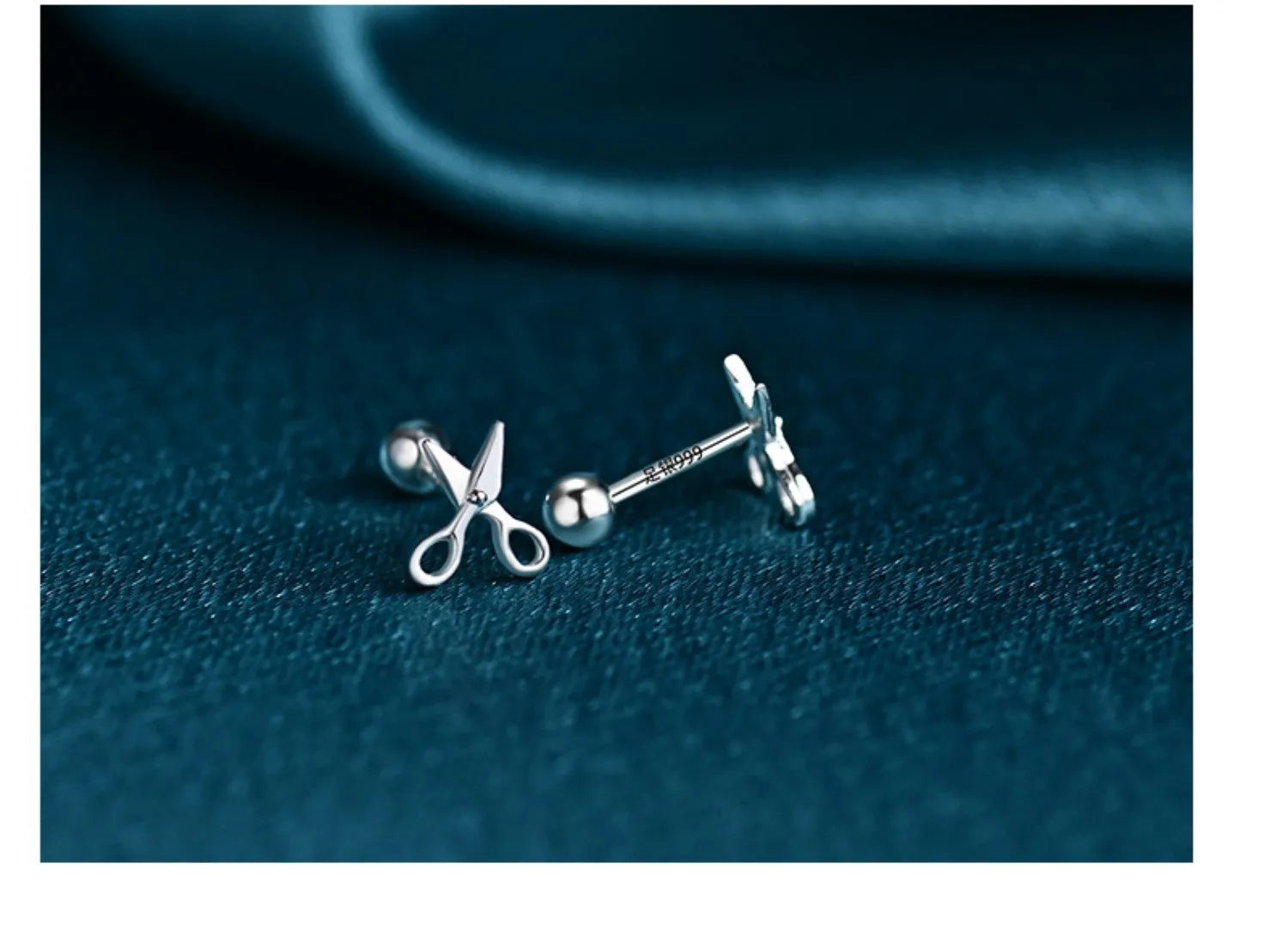 Pure silver screw style ear nail earrings with miniature scissors decorative detail
