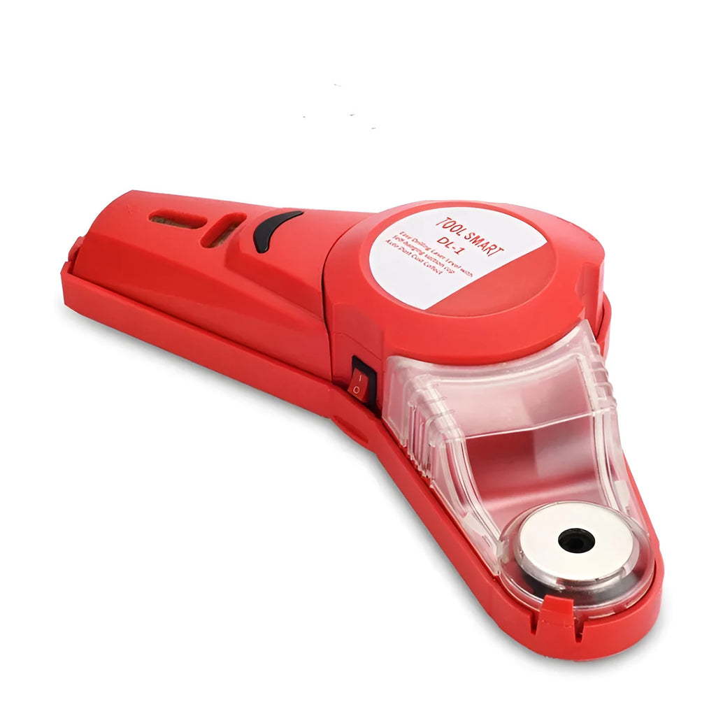 Red portable laser positioning level with punching features for woodworking and decoration tasks.