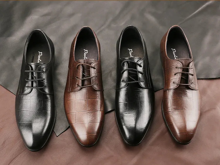 Men's black leather derby shoes with pointed toe and rubber sole
