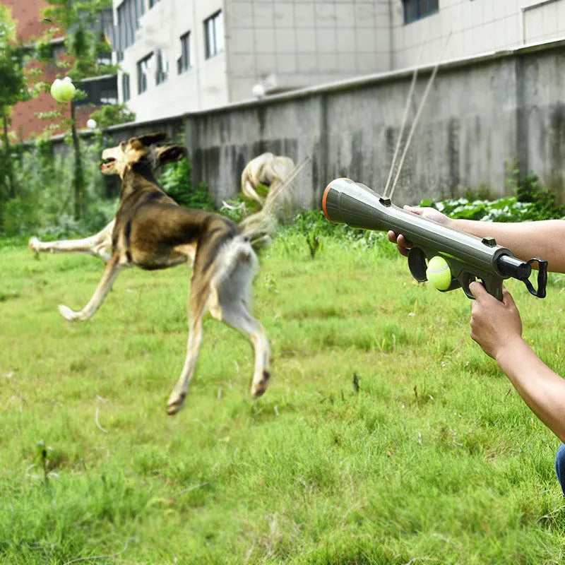 Black ABS tennis ball shooting gun for pets with two signature tennis balls