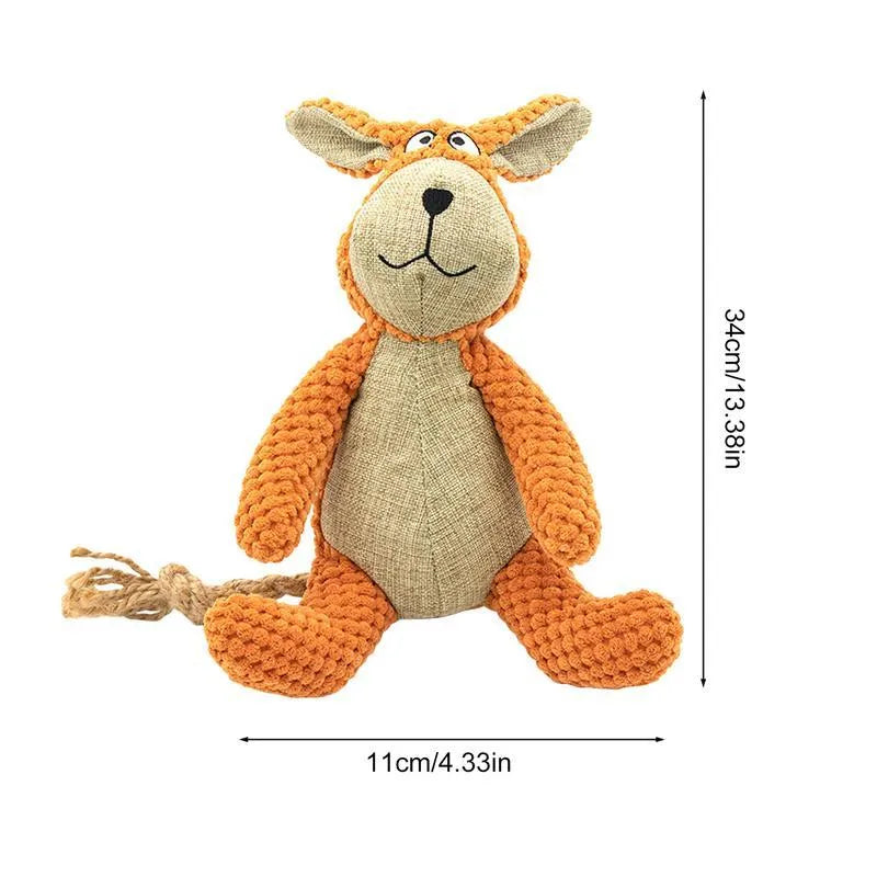 Four animal-shaped dog plush toys with squeakers: donkey, elephant, orangutan and rabbit designs