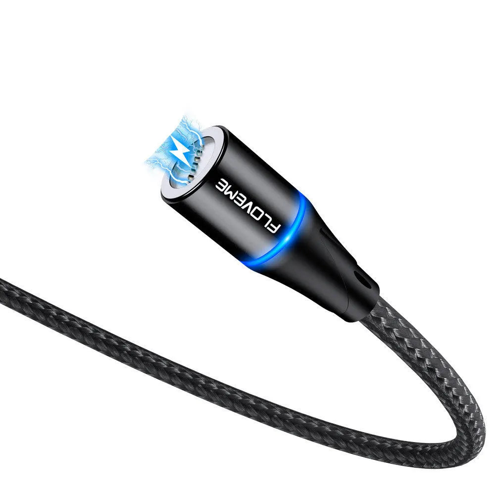Magnetic data cable with LED side lights in black, red, or silver colour, compatible with Apple iPhone, Android, and Type-C devices