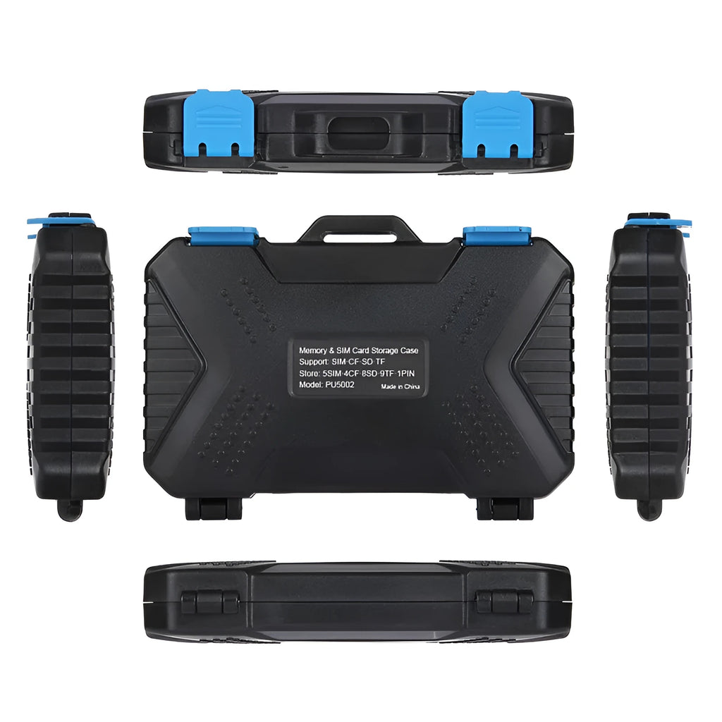 Black waterproof memory card case open showing compartments for CF SD TF SIM cards
