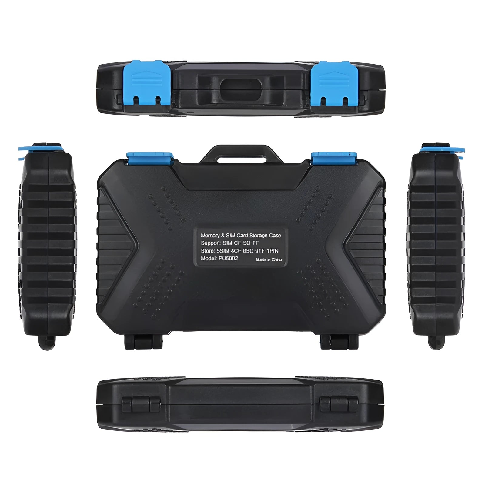 Black waterproof memory card case open showing compartments for CF SD TF SIM cards