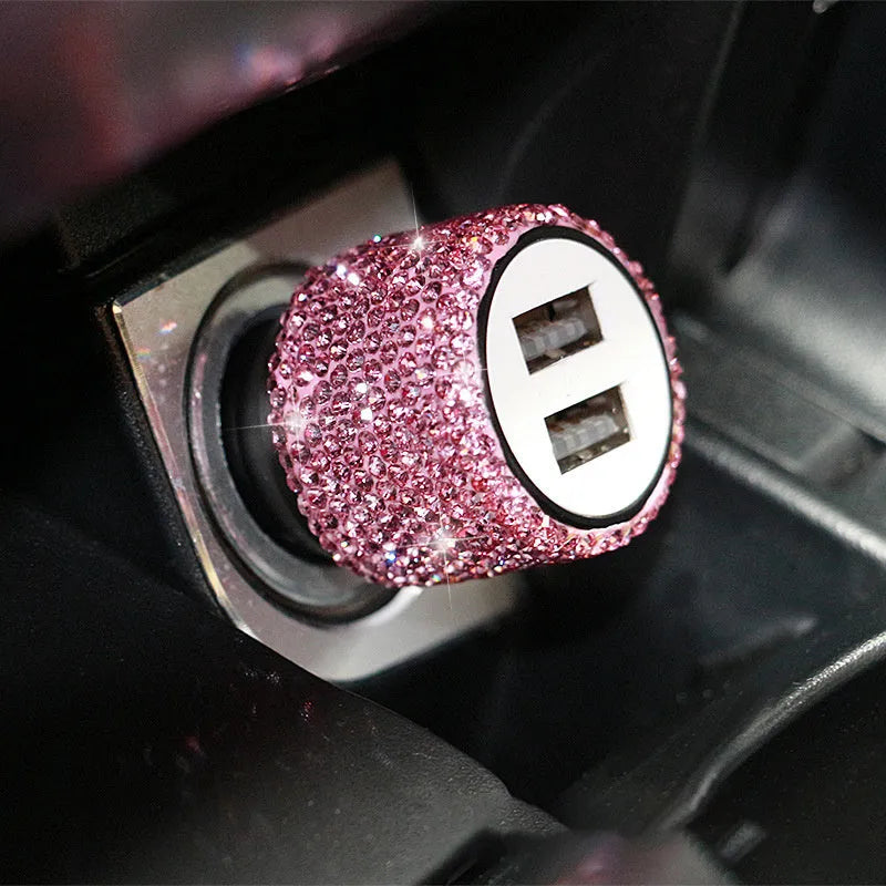 Diamond-pattern car charger adapter for cigarette lighter socket in red, white, black, pink, AB, and suit colours.