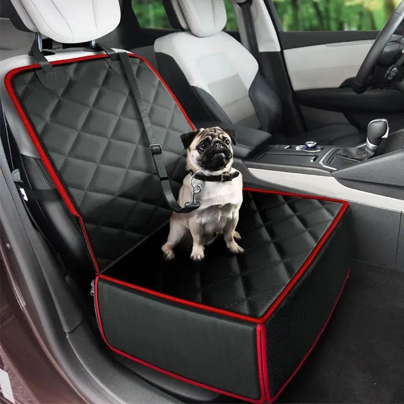 Black pet car pad with non-slip base on vehicle front seat, measuring 42x42x20cm